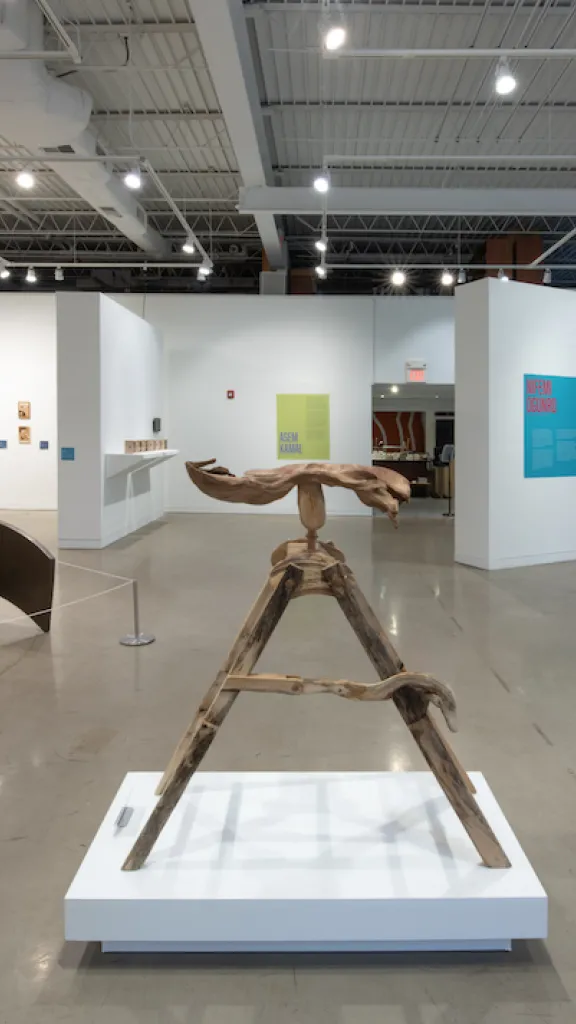 Several displays of art made out of wood