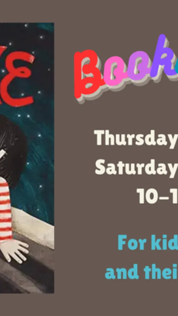 The book cover for "Awake" by Mags DeRoma, showing a girl in a white and red striped shirt with her dog. They are both in bed looking upwards at a spider perched on the letter "W" in the word AWAKE. Text that reads "Bookworms. Thursday, February 19. Saturday, February 21. 10-10:45AM. For kids ages 2-5 and their caregivers."