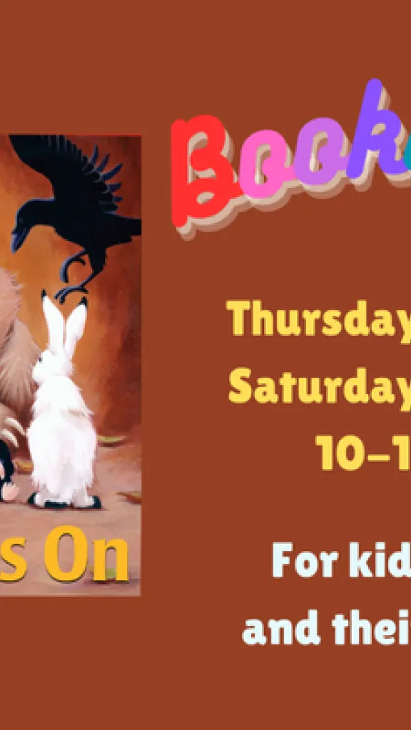 The cover for the book "Bear Snores On" by Karma Wilson, showing a sleeping bear surrounded by other animals. Text that reads "Bookworms. Thursday, January 15. Saturday, January 17. 10-10:45 AM. For kids ages 2-5 and their caregivers."