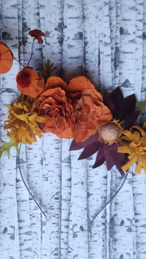 Handmade silk petals form a headband 