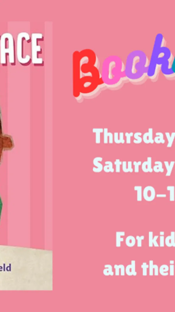 The book cover for "Ice Cream Face" by Heidi Woodward Sheffield, showing a cartoonish, smiling child holding a rainbow colored ice cream cone in front of a pink background. Text that reads "Bookworms. Thursday, February 12. Saturday, February 14. 10-10:45AM. For kids ages 2-5 and their caregivers."