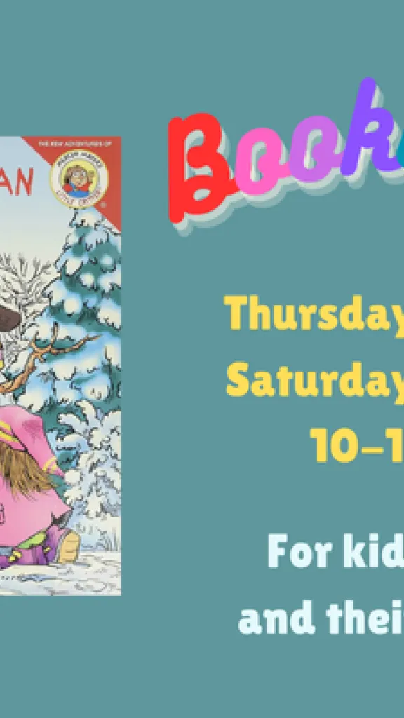 The book cover for "Just a Snowman" by Mercer Mayor, showing two kids making a snowman wearing sunglasses. Text that reads "Bookworms. Thursday, February 5. Saturday, February 7. 10-10:45 AM. For kids ages 2-5 and their caregivers."