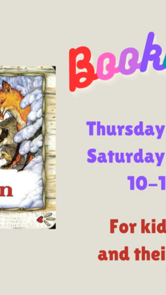 The book cover for "The Mitten" by Jan Brett, showing a group of animals surrounding a single mitten in the snow. Text that reads "Bookworms. Thursday, February 26. Saturday, February 28. 10-10:45 AM. For kids ages 2-5 and their caregivers."