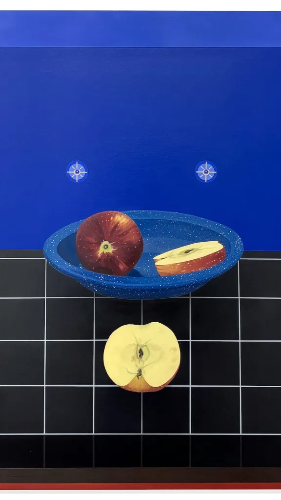 Two apples (twin targets), 20 x 16 inches / 51 x 41 cm, oil and wax on linen over panel, 2025