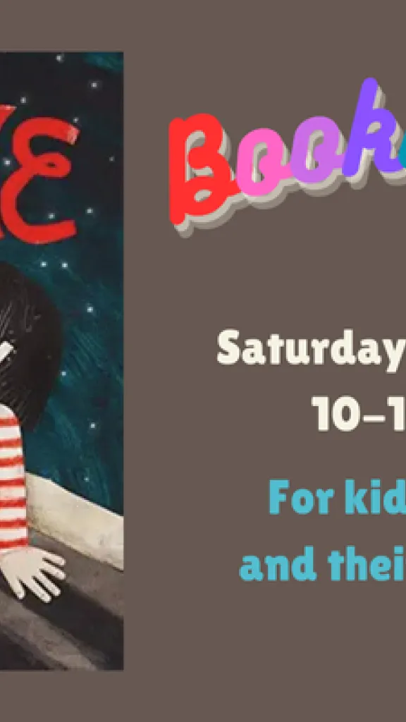 The book cover for "Awake" by Mags DeRoma, showing a girl in a white and red striped shirt with her dog. They are both in bed looking upwards at a spider perched on the letter "W" in the word AWAKE. Text that reads "Bookworms. Saturday, February 21. 10-10:45AM. For kids ages 2-5 and their caregivers."