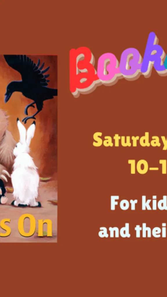 The cover for the book "Bear Snores On" by Karma Wilson, showing a sleeping bear surrounded by other animals. Text that reads "Bookworms. Saturday, January 17. 10-10:45 AM. For kids ages 2-5 and their caregivers."