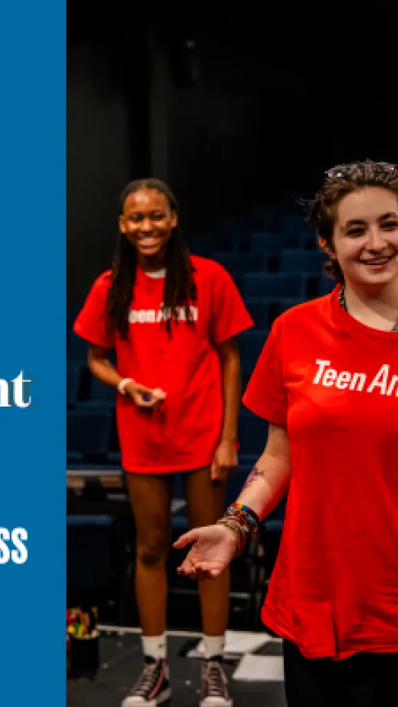 Three girls wearing 'Teen Arden' shirts acting out a scene together, alongside the text: 'Arden Summer Camp, Character Development, One Day Masterclass for Grades 6-8.'