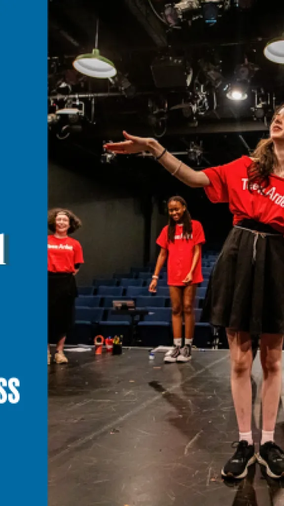 A Girl wearing a red 'Teen Arden' Shirt dancing with her arms out to her sides. There is text that reads: 'Arden Summer Camp, Dance Call, One Day Masterclass for Grades 6-8.'