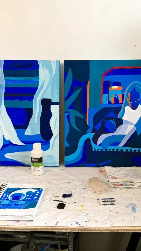 Studio shot of 2 paintings in progress by Branche Coverdale