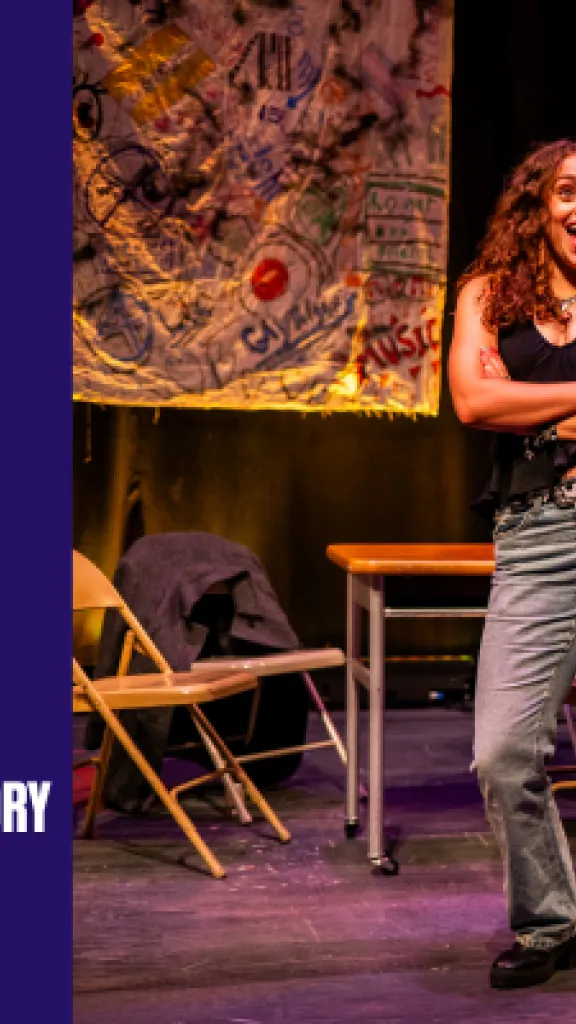 An Image of Arden's 'Teen Rent' from Last year's Summer camp. An Actress is dancing and singing, while two other young actors are sitting in the background. Next to the image there is text that reads: 'Arden Summer Camp, Into The Woods, Three Week Summer Conservatory for grades 9-12.'