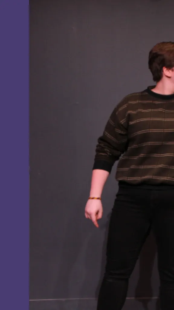 An lone actor stands, giving an angry performance, pointing at their scene partner, who is out of frame. Next to the image, there is text that reads: 'Arden Summer Camp, Stage Combat, One Day Masterclass for Grades 9-12.''