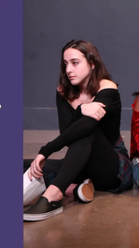 Two young actresses are sitting next to each other holding scripts, facing opposite directions and performing a scene. Next to the image, the text reads: 'Arden Summer Camp, Character Analysis, One Day Masterclass for Grades 9-12.'.