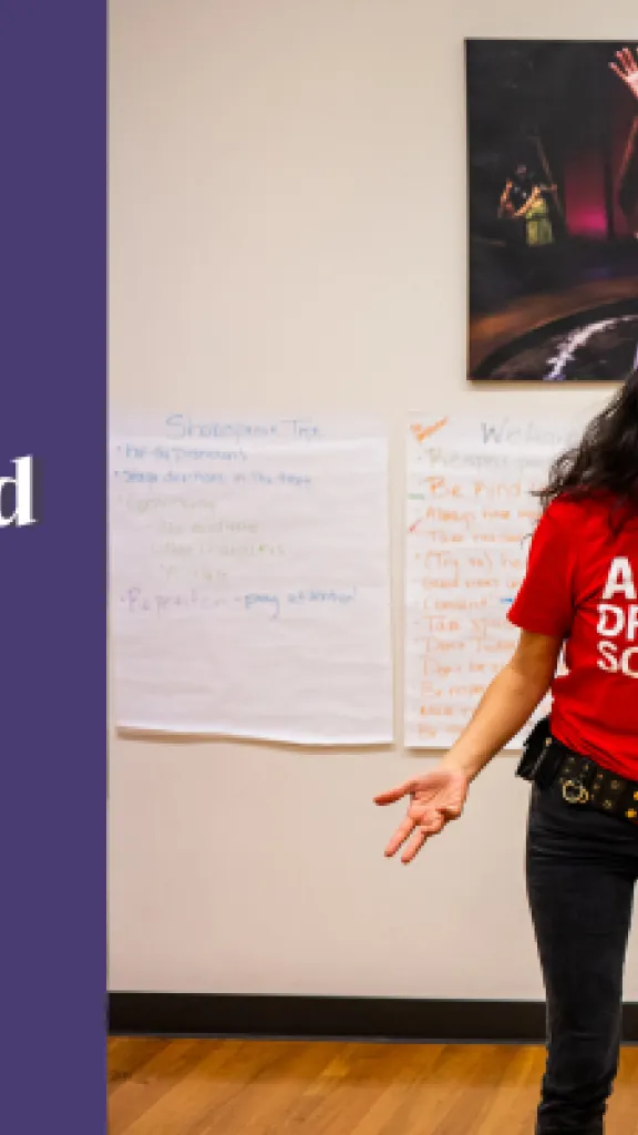 A teacher wearing a red 'Arden Drama School' T-shirt Gestures to her class. Next to the photo, texts reads: 'Arden Summer Camp, Improv and Sketch - One Day Masterclass for Grades 9-12.'