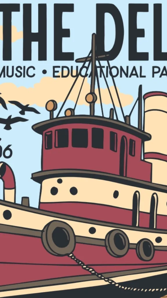 A graphic with the event name "Drink the Delaware" on it. It also shows a tug boat next to two dock workers.