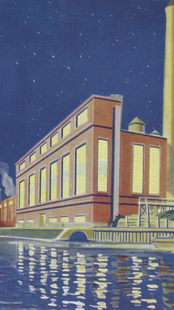 handmade illustration of a power plant at night by the water