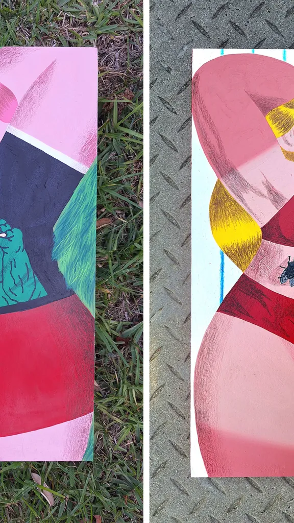 Two paintings by MOTELSEVEN side by side, featuring stylized women in repose