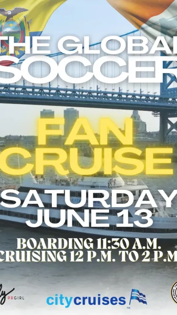 A promotional poster for “The Global Soccer Fan Cruise” featuring a large sightseeing boat on a river with a bridge and city skyline behind it. Flags from several countries line the top, and event details list the cruise date, boarding time, and sponsors.