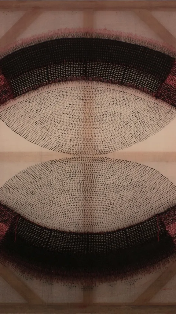 “Structure of Desire” (48” x 48”) Acrylic on transparent cotton canvas, textile, crochet, and stitching