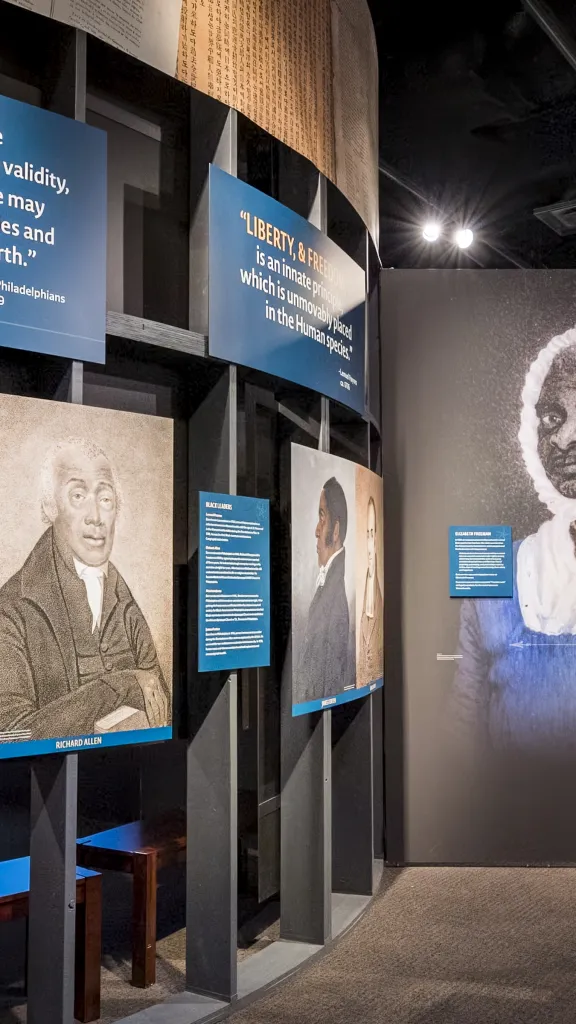 Museum exhibit featuring Revolutionary-era portraits of Black historical figures