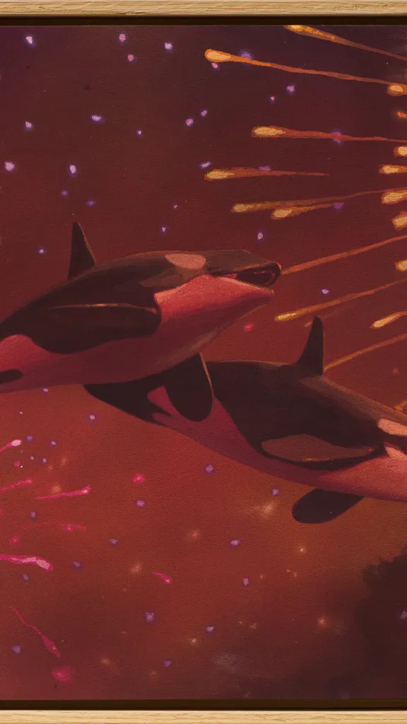 Painting of two orcas floating among fireworks in the sky