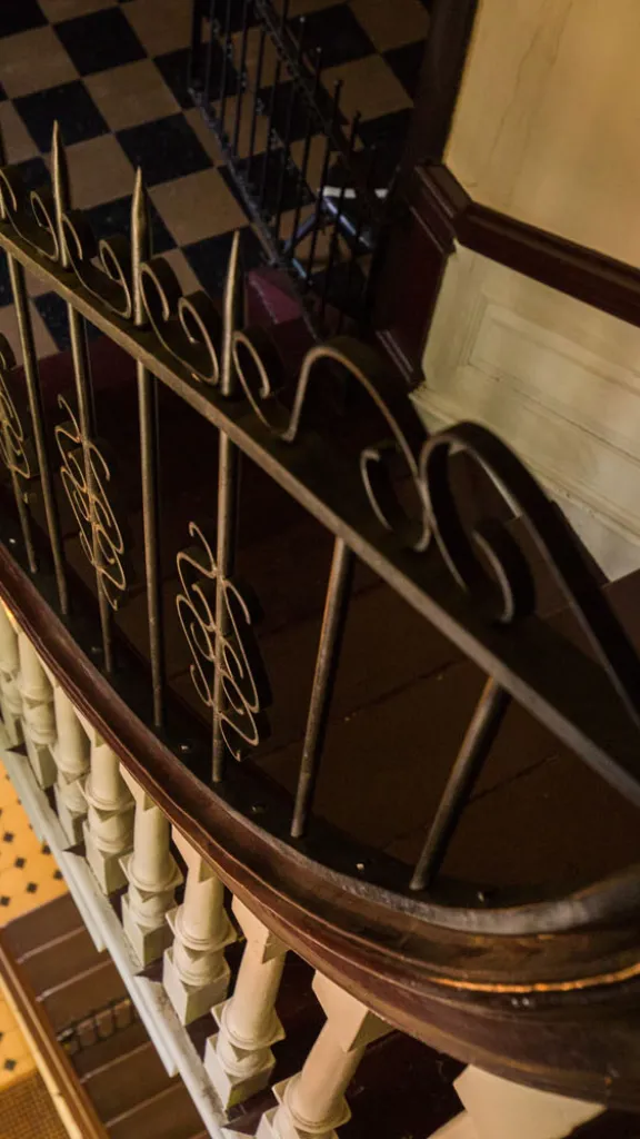 A photo of a dark staircase at Carpenters' Hall in Philadelphia