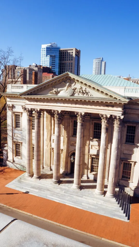 A photograph of the front exterior of the First Bank of the United States.
