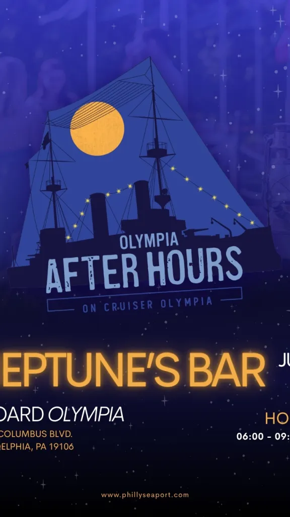 A graphic that includes the name of the event (Neptune's Bar - Olympia After Hours), the event date (June 12), time (6 - 9 PM), and the location (aboard the Olympia)