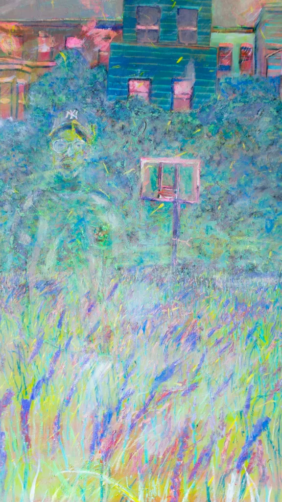 Vibrant oil painting with solitary figure standing in a field of lavender