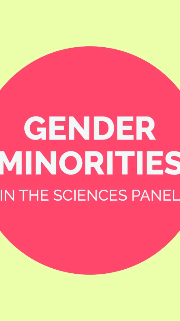 colorful graphic with scientific apparatus and title Gender Minorities in the Sciences Panel
