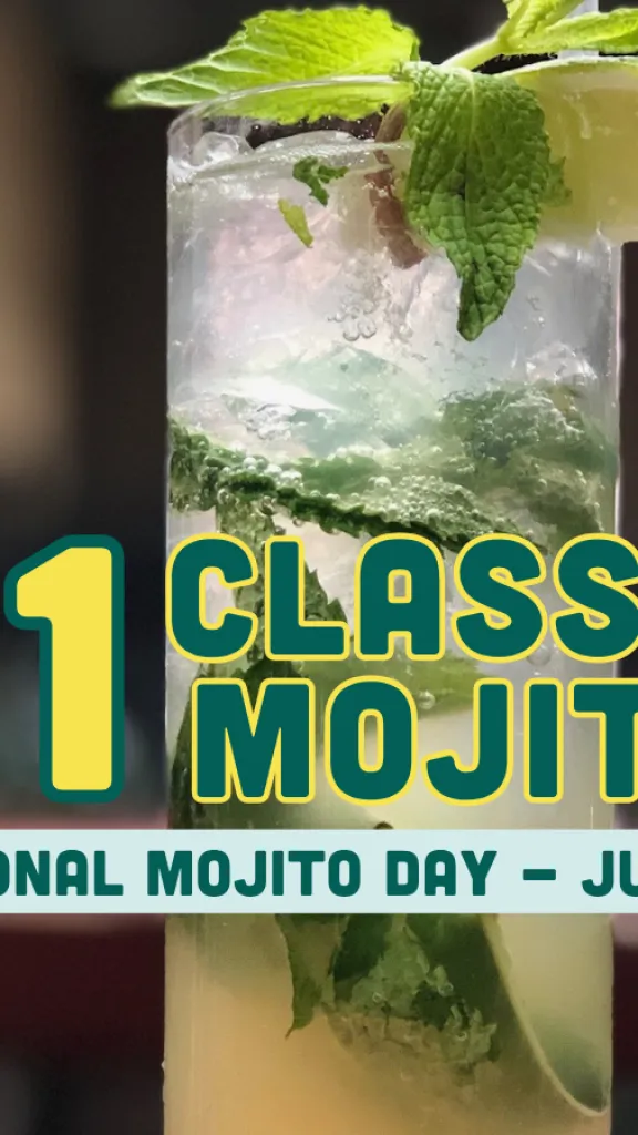 Classic mojito in a glass with $1 Classic Mojito text