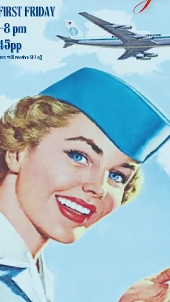 A retro-style ad for a Friday Night Flight event, featuring a smiling flight attendant. It mentions a wine tasting from 6-8 pm for $15 per