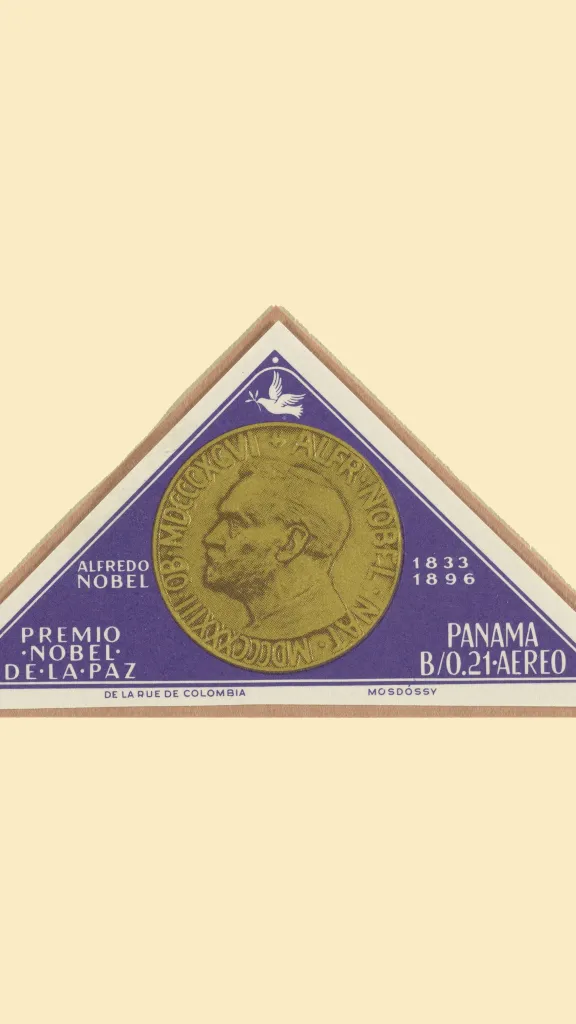Panamanian stamp, triangular, purple, depicting a Nobel prize medal