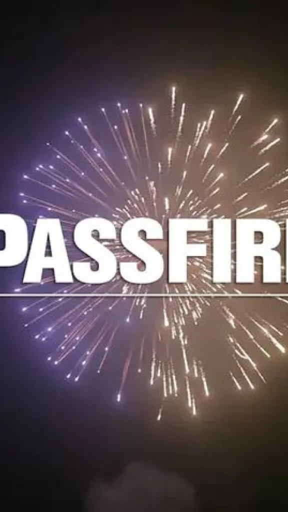 purple and yellow firework exploding over black with the word "Passfire" overlaid