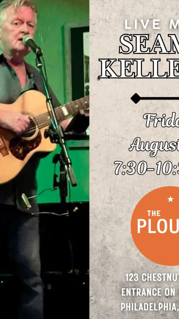Seamus kelleher photo next to information about his live performance. The text says his name and gives details of the event: friday, august 7th, from 7:30-10:30 pm. The address is listed as 123 chestnut street in philly, pa. 