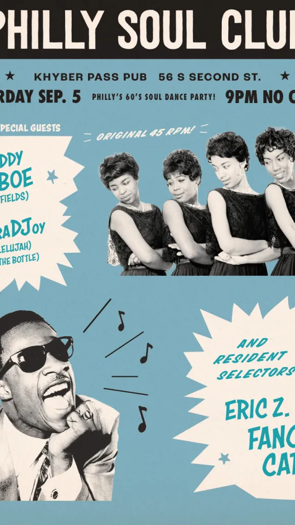 Event flyer for Philly Soul Club's '60s soul dance party. Saturday, Sept. 5, 9 PM at Khyber Pass Pub. No cover.