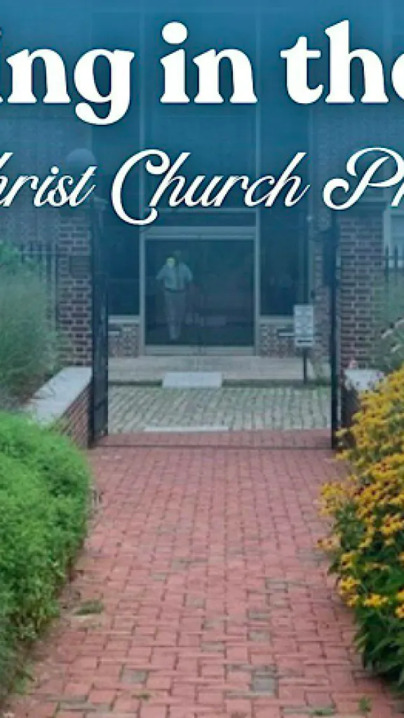 Picture of Christ Church gardens and the title of event. "An Evening in the Garden: A Benefit for Christ Church Preservation Trust"