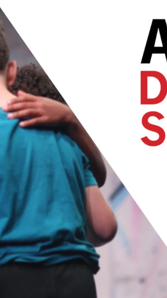 Three children hugging. Text reads: Arden Drama School