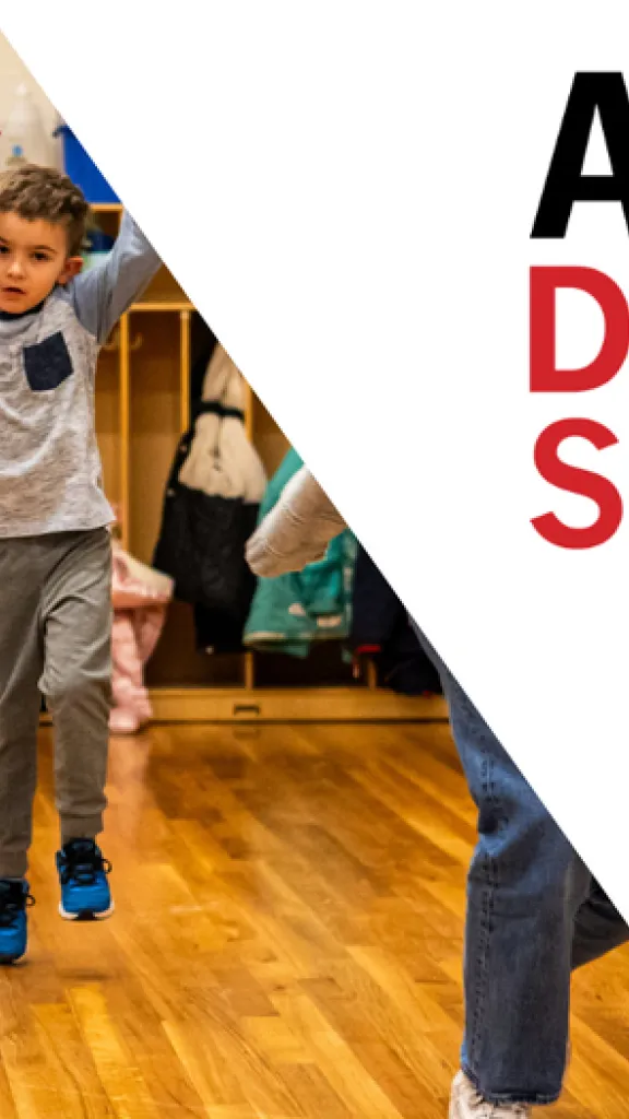Group of children participating in a movement activity!  Text Reads: Arden Drama School