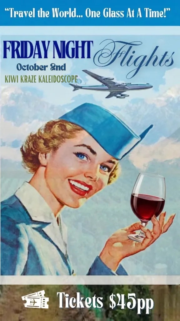 retro flyer of flight attendant holding a glass of red wine 