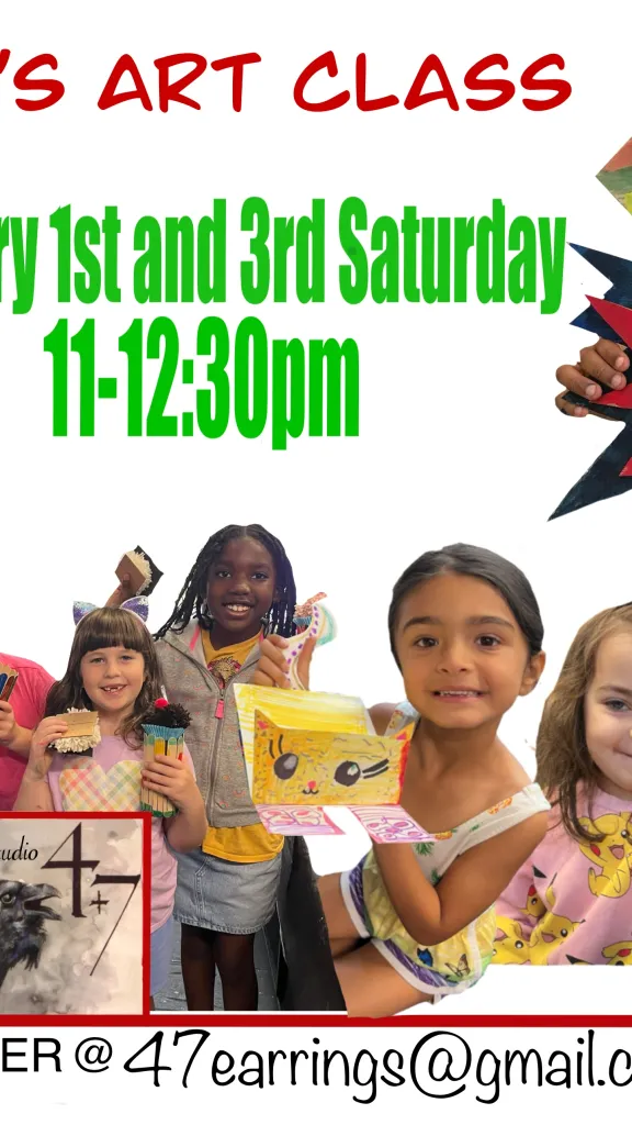 Image of kids holding their art projects. Words say kid’s art class every 1st and 3rd Saturday 11-12:30p 