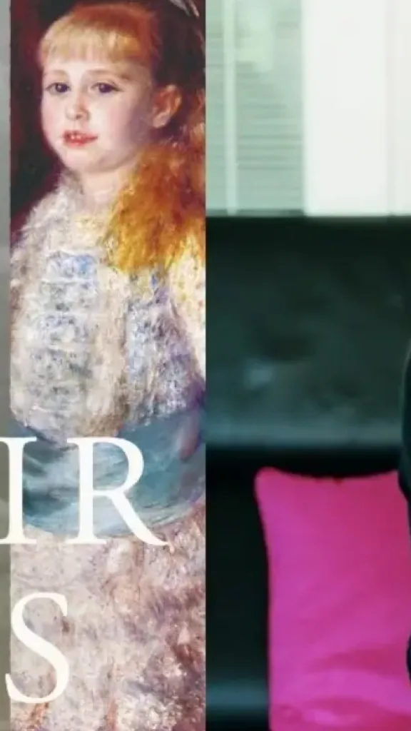 On the left is the book cover for The Renoir Girls. On the right is a picture of a young woman with medium length light brown hair wearing a black shirt and sitting on pink pillows