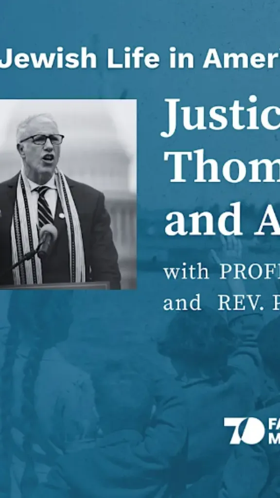 photos of Jeffrey Rosen and Justice Brandeis in front of a blue background that states: Justice Brandeis, Thomas Jefferson, adn America at 250 with Professor Jeffrey ROsen and Rev. Paul Brandeis Raushenbush