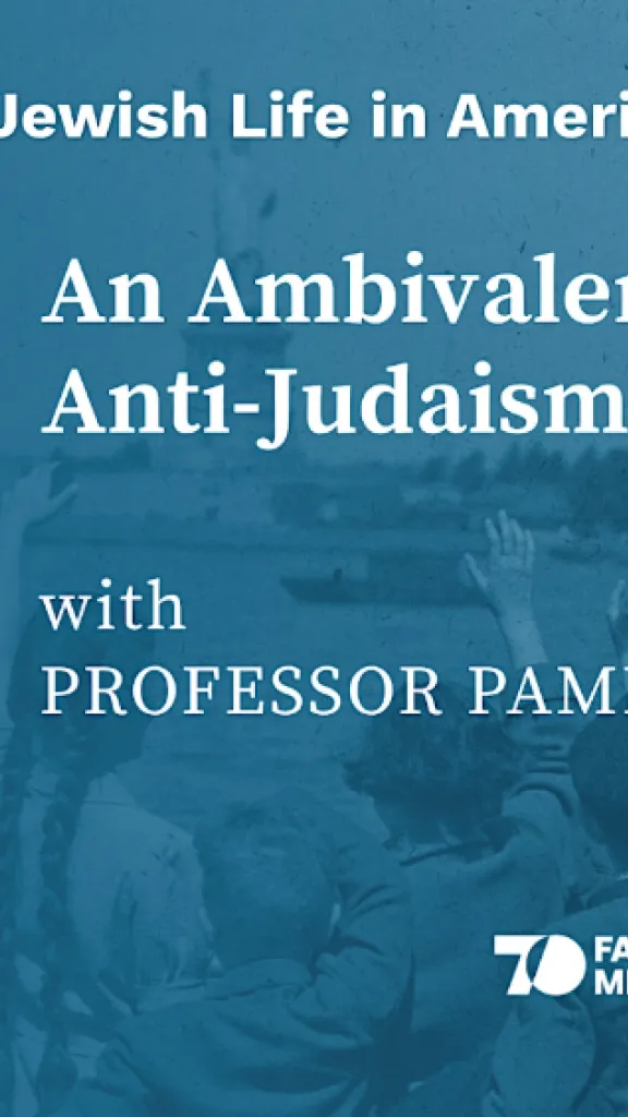 Black and white photo of Pam Nadell, a white woman with short curly hair in front of a blue background that has the name of the program: An Ambivalent Welcome: Anti-Judaism in Early America with Pam Nadell