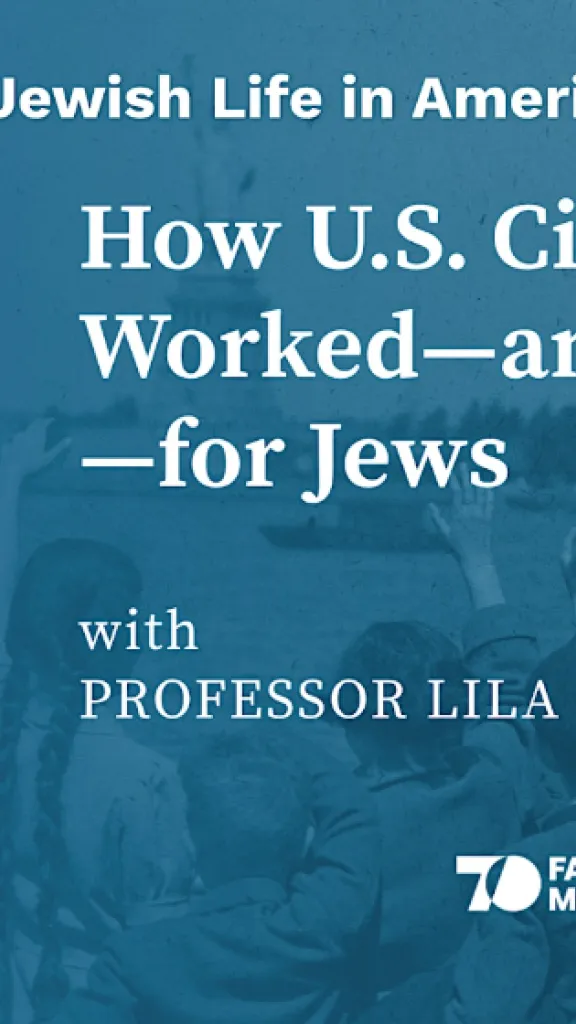 Black and white photo of Lila Corwin Berman, a white woman with dark long hair in front of a blue background that has the name of the event: How U.S. Citizenship Has Worked – and Not Worked – for Jews with Lila Corwin Berman