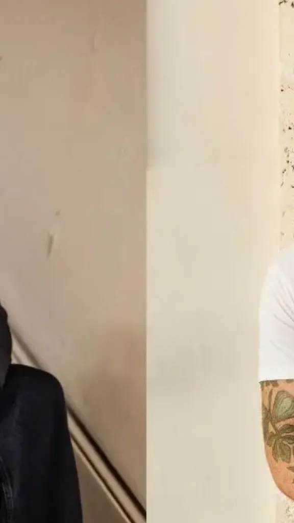 Photo of a man with dark curly hair wearing black glasses and black shirt and pants sitting on stairs on the left and a photo of an older man in a white tshirt with tattoos on his arm adn grey hair on the right
