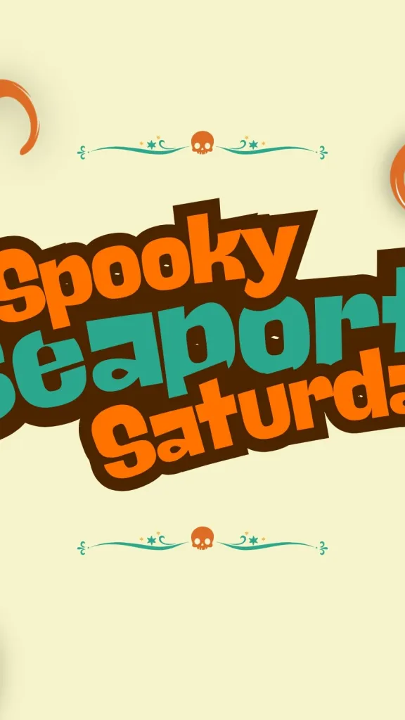 A graphic design highlighting the name of the museum's Halloween program with sea monsters featured.