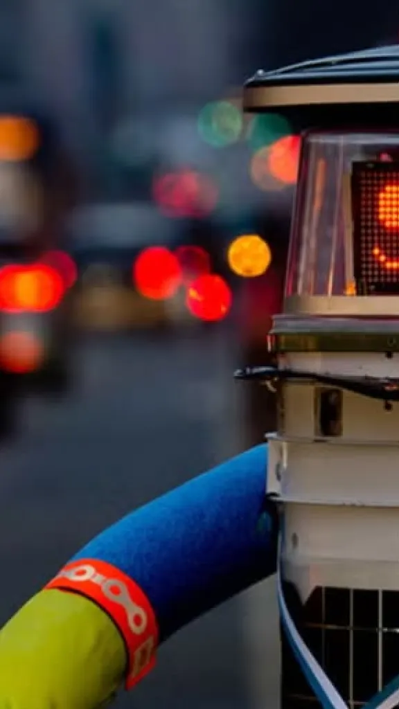 A photo of the robot known as hitchBOT waiting for a ride