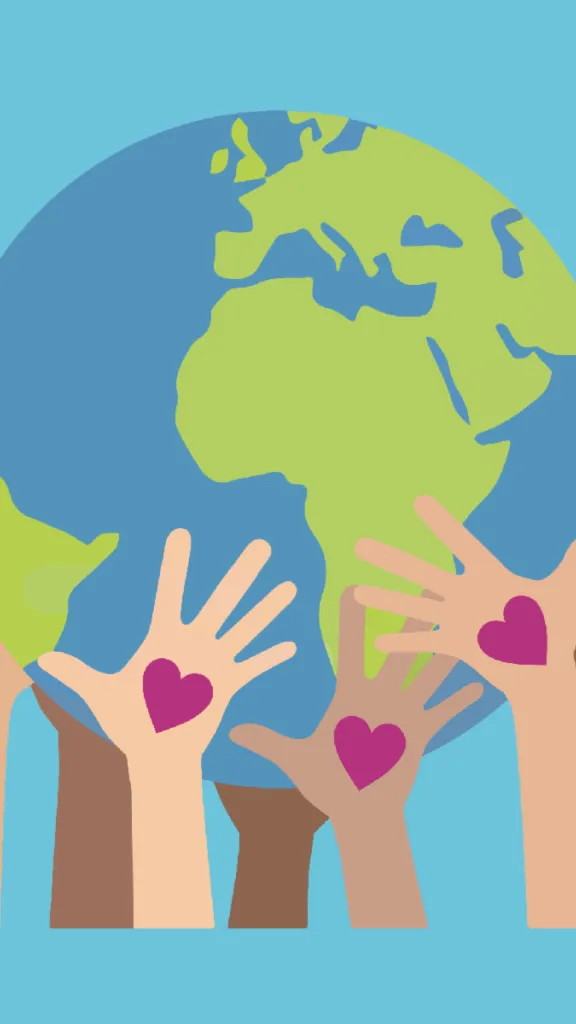 Hand holding the world with hearts 