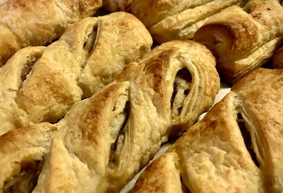 House Made Irish Sausage Rolls: 2 pcs of Homemade Pork Sausage Baked in Puff Pastry with HP Sauce