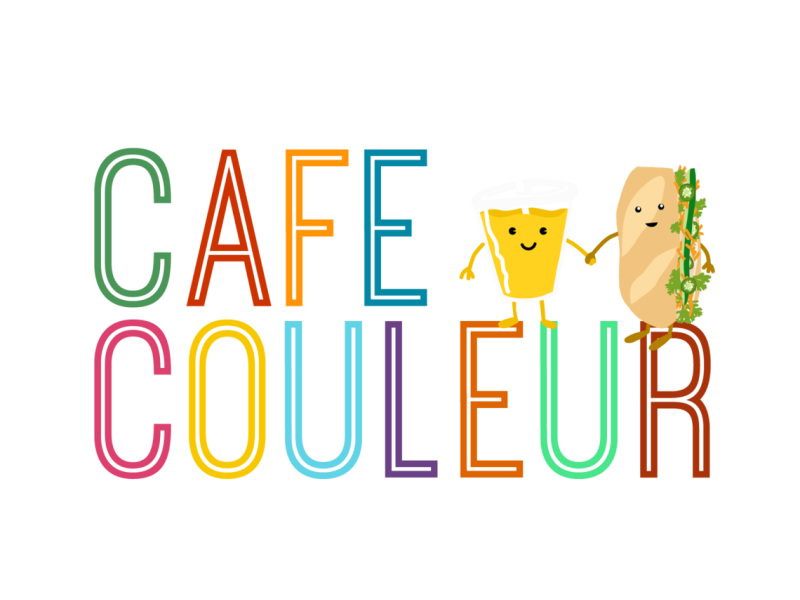 Cafe Couleur logo, with in Cafe Couleur capital, multicolor text and drink and bánh mì illustrations holding hands